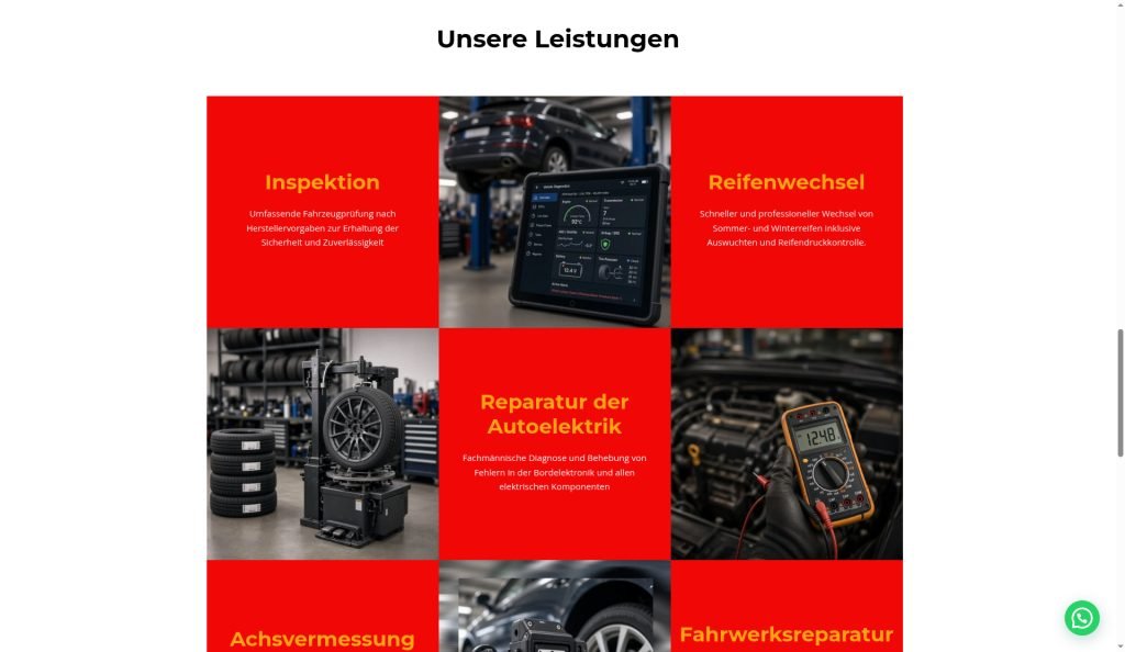 Leistungsübersicht der AS-Autoservice-Website mit Inspektion, Reifenwechsel und Autoelektrik