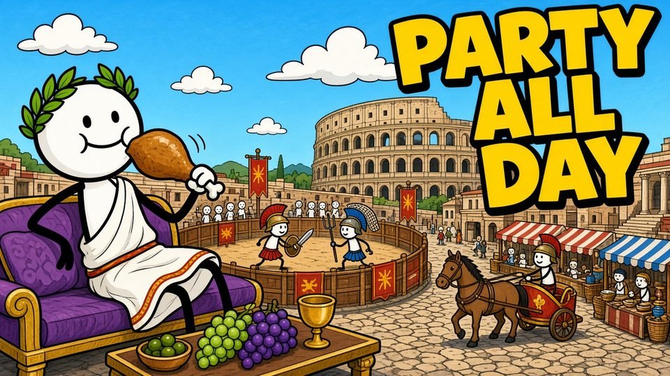 YouTube-Thumbnail „Party all day“ im Comic-Stil mit Römer vor dem Kolosseum