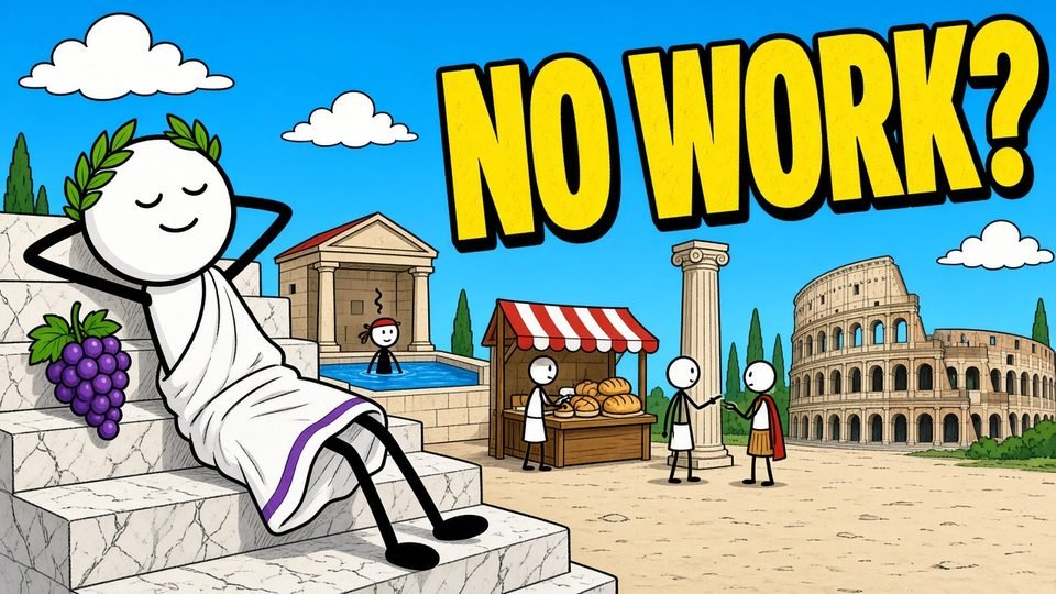YouTube-Thumbnail „No work?“ im Comic-Stil mit entspanntem Römer
