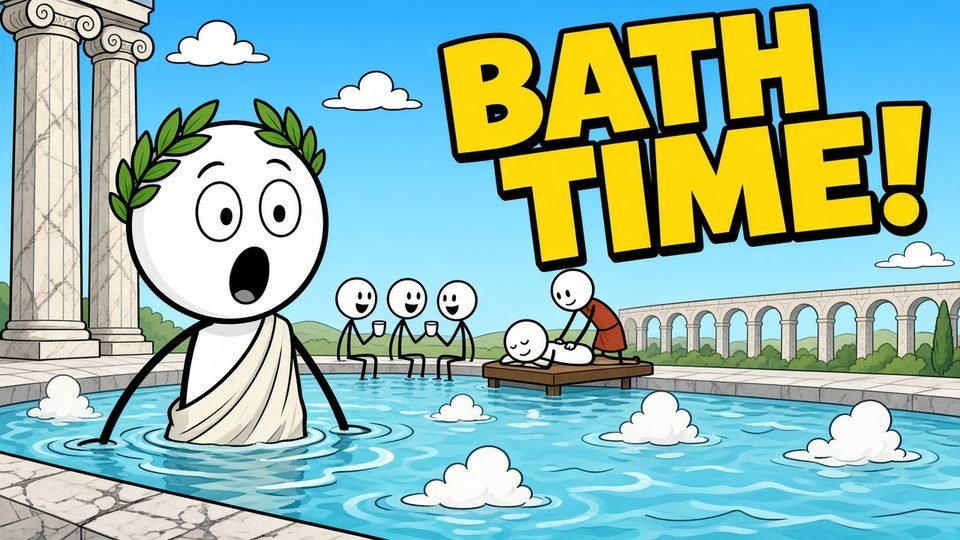 YouTube-Thumbnail „Bath time!“ im Comic-Stil in einer römischen Therme